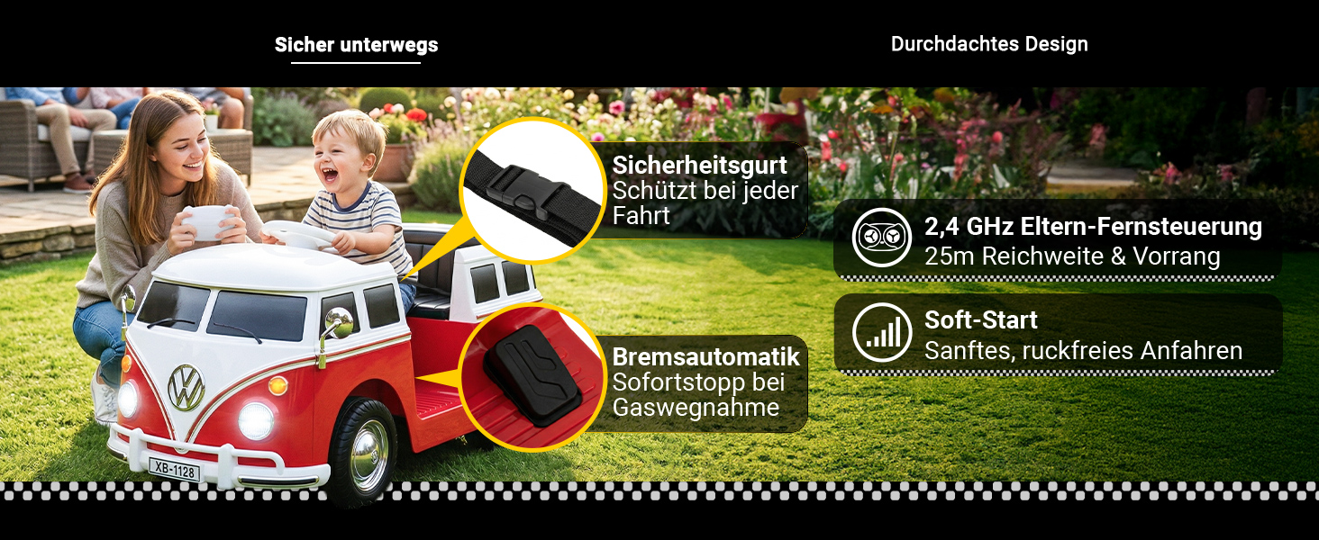 Maximale Sicherheit für unbeschwerten Fahrspaß Das Kinder-Elektroauto sorgt mit Sicherheitsgurt, automatischer Bremse beim Loslassen des Gaspedals und Soft-Start-Funktion für ein sicheres Fahrerlebnis. Dank der 2,4-GHz-Elternfernbedienung mit bis zu 25 Metern Reichweite und Vorrangfunktion können Eltern jederzeit die Kontrolle übernehmen.